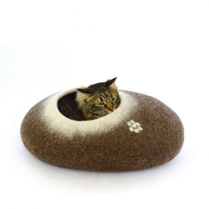 Cat Cocoon Bed 'Pebble' top entrance Brown white with cat