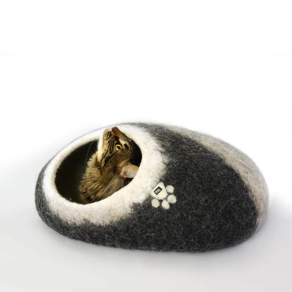 oval felt cat bed- cat cave black with white by wooppers with cat