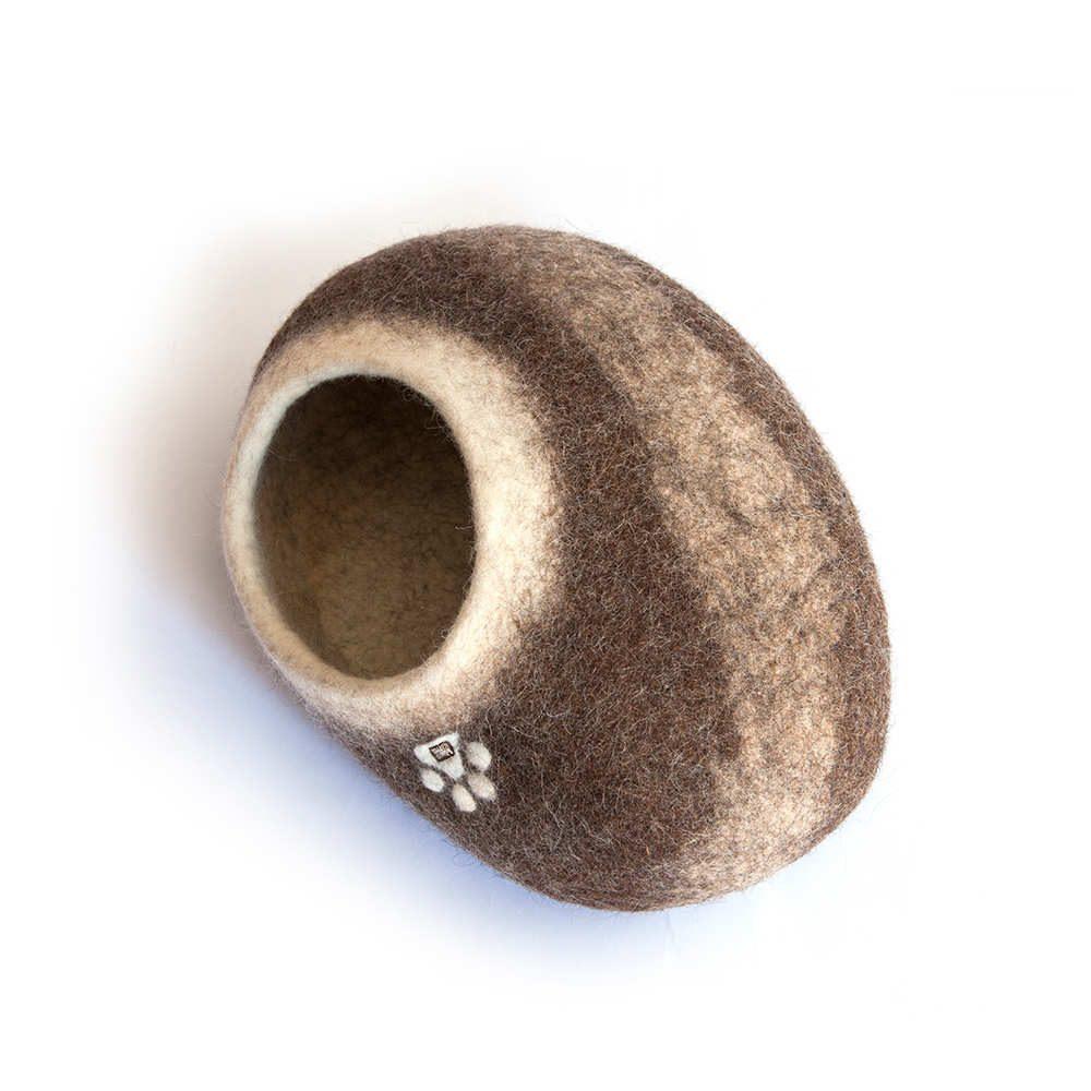 Organic cat bed - cat cave brown with white -c