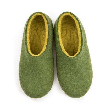 Mens felted slippers with lime, Dual olive green by Wooppers -a