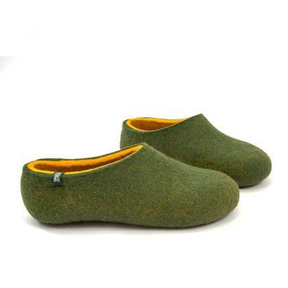 Mens merino slippers with yellow, Dual olive green collection by Wooppers -b