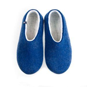 Boiled wool slippers by Wooppers in blue and white