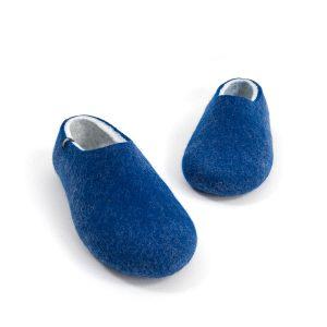 Boiled wool slippers by Wooppers in blue and white -c