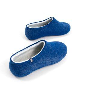 Boiled wool slippers by Wooppers in blue and white-e