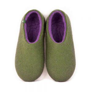 Wool shoe slippers with lilac, Dual olive green collection by Wooppers -a
