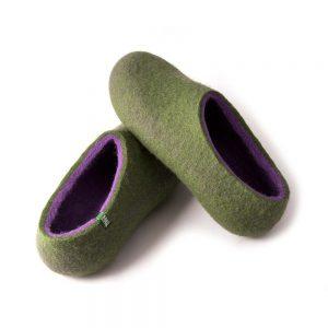 Wool shoe slippers with lilac, Dual olive green collection by Wooppers -b