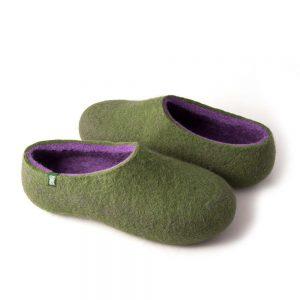Wool shoe slippers with lilac, Dual olive green collection by Wooppers -c