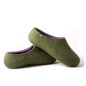 Wool shoe slippers with lilac, Dual olive green collection by Wooppers -g