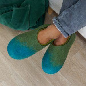 House shoes for women made in wool turquoise and green on feet By Wooppers