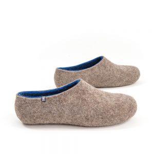 Blue felted slippers with gray natural wool on the outdide by Wooppers -e