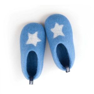 toddler slippers and kids slippers, merino wool, light blue with white STAR, from the Wooppers Kids slippers collection -a #toddler #slippers