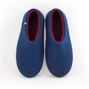 Wooppers blue wool slippers DUAL blue with burgundy red -a