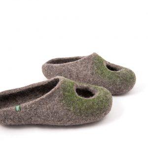 Low back felt slippers grey and olive green, "OMICRON" collection by Wooppers -b