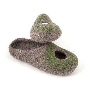 Low back felt slippers grey and olive green, "OMICRON" collection by Wooppers -d
