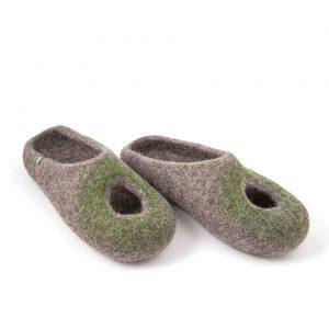 Low back felt slippers grey and olive green, "OMICRON" collection by Wooppers -g