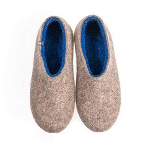 Blue felted slippers with gray natural wool on the outdide by Wooppers