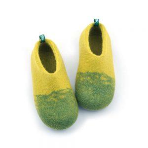 Kids wool slippers green-yellow, DUO kids collection by Wooppers -a