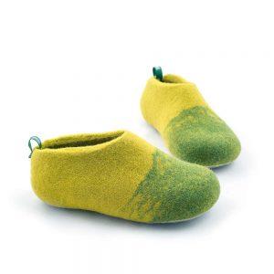 Kids wool slippers green-yellow, DUO kids collection by Wooppers -b
