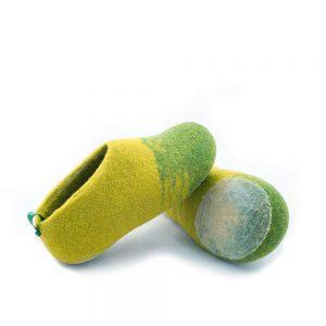 Kids wool slippers green-yellow, DUO kids collection by Wooppers -c