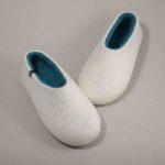 ARIA White home slippers with turquoise by Wooppers wool slippers -d