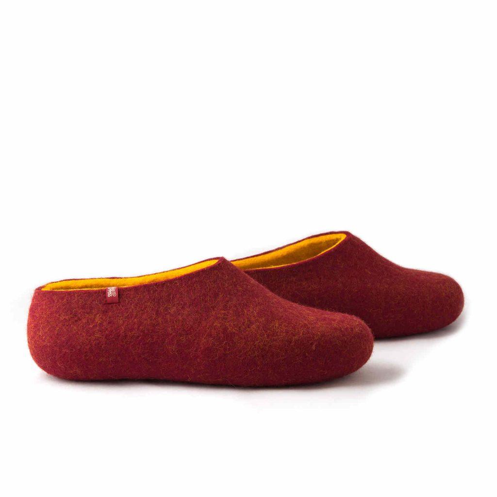 Red felted slippers by Wooppers indark red and yellow merino wool -b