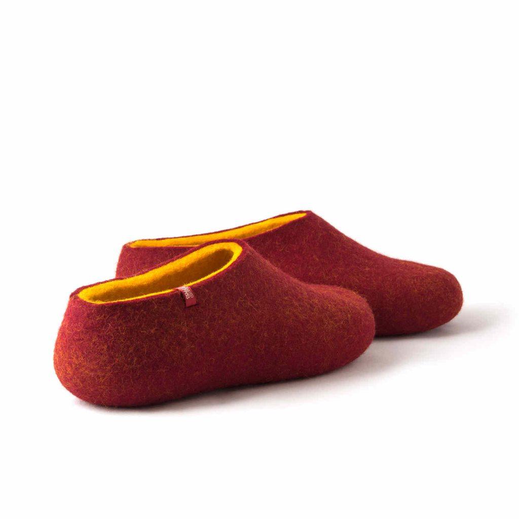 Red felted slippers by Wooppers indark red and yellow merino wool -c