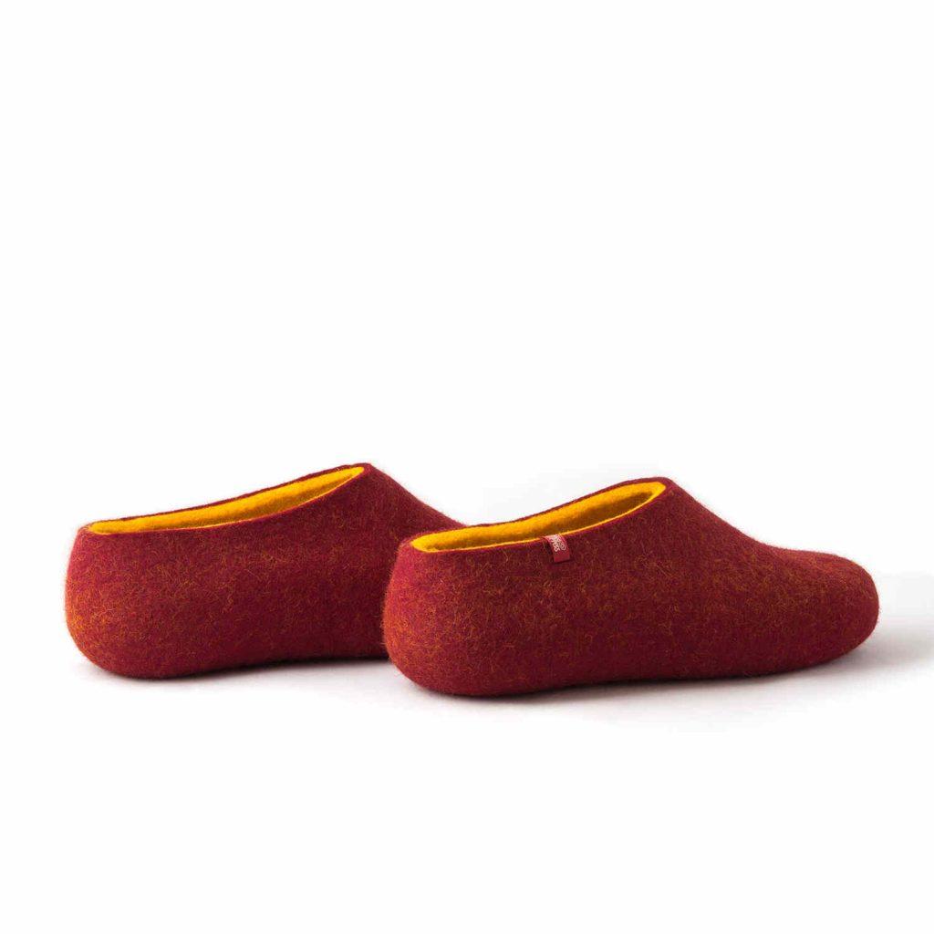 Red felted slippers by Wooppers indark red and yellow merino wool -d