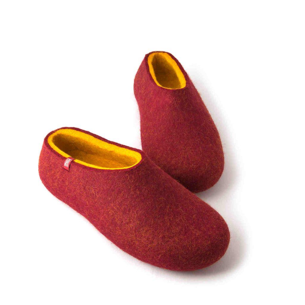 Red felted slippers by Wooppers indark red and yellow merino wool -e