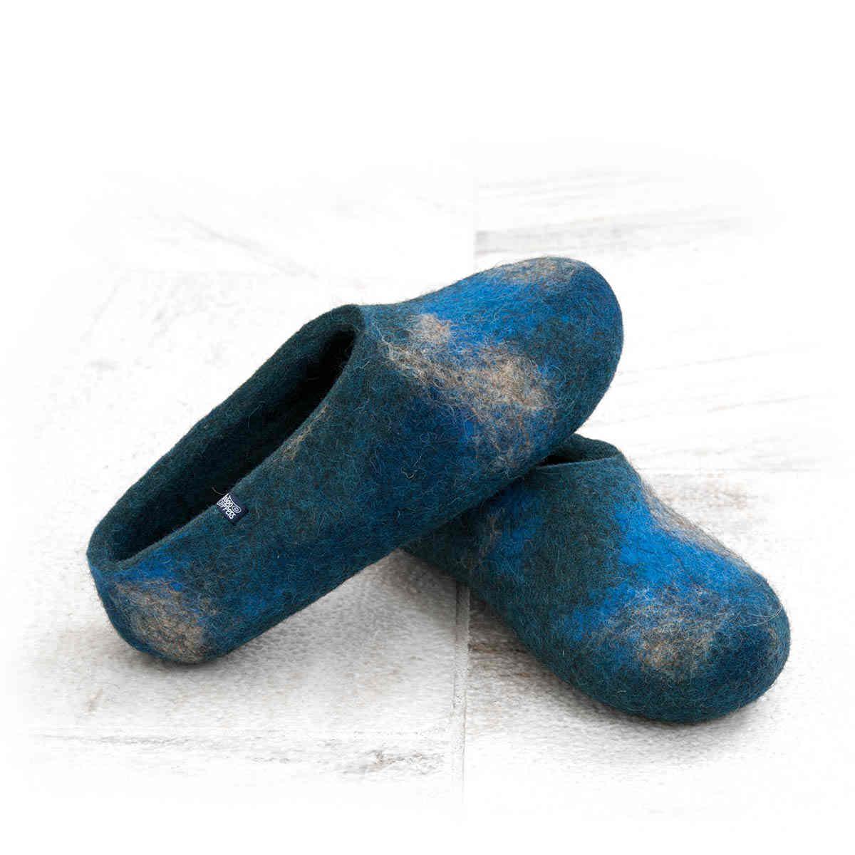 Handmade wool slippers in blue hues 