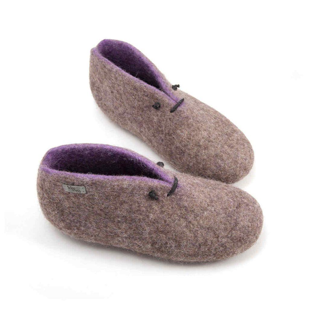 Wool booties for home in grey lilac woolen slippers