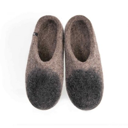 House mules, womens and mens house shoes in natural gray and black wool by Wooppers a