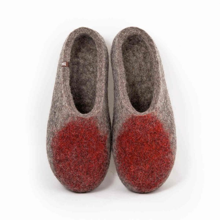 Παντόφλες mule γυναικείες η ανδρικές από μαλλί της Wooppers γκρι με πορτοκαλί -b