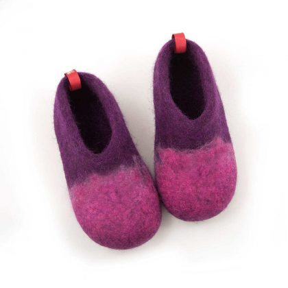 Kids felt wool slippers DUO purple with pink or fuchsia at the front