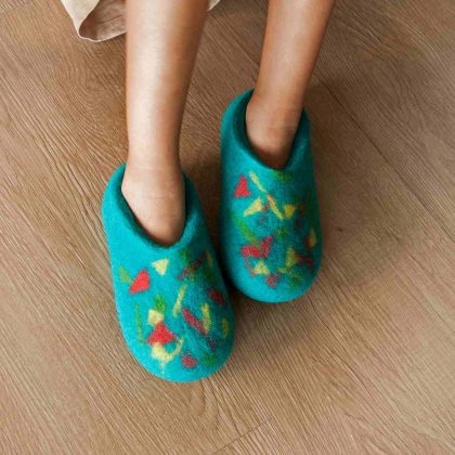 Childrens slippers CONFETTI BITS cyan by Wooppers_on feet
