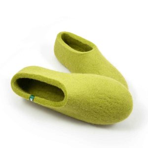 wool slippers in lime green color, house shoe shape -c