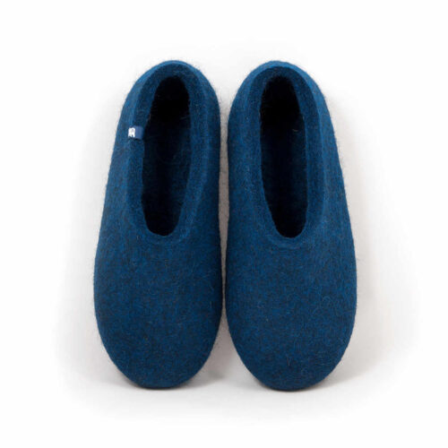 pair of felted wool slippers in aquamarine blue, in a continuous shape seen from above