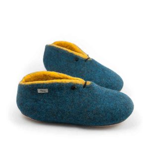 Booties for wearing at home in blue and yellow by Wooppers