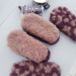 On the making bench, a camouflage style Wooppers pair in DHG wool Maori purple and ash