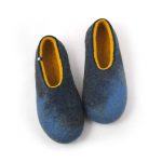 a pair of wool slippers in blue and yellow by Wooppers