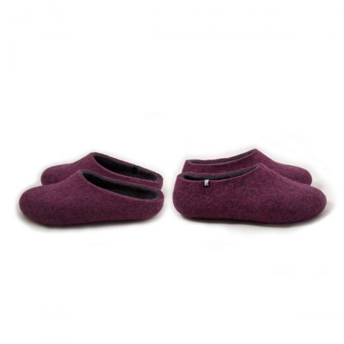 Bedroom slippers in plum and dark grey sheep wool, choose low or high at the back by Wooppers