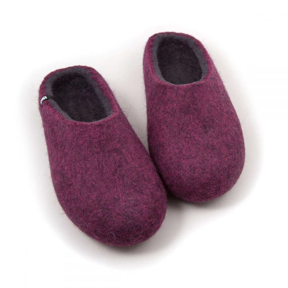 Bedroom slippers plum and dark grey wool, low back by