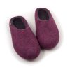 Bedroom slippers in plum and dark grey sheep wool, low at the back by Wooppers -b