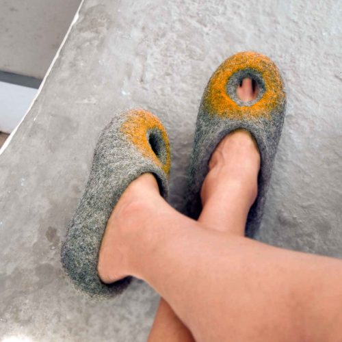 Felt slippers for summer grey and yellow, "OMICRON" collection by Wooppers -on feet