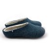 Side view of slippers in wool from the Colori collection by Wooppers. The slippers are felted in white and petrol blue wool and are cut either high or low at the back according to customer's taste. This pair is cut low.