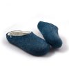 A pair of best slippers in wool from the Colori collection by Wooppers. The slippers are felted in white and petrol blue wool and are cut either high or low at the back according to customer's taste.. This pair is cut low.
