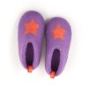 Toddlers shoes to wear at home by Wooppers. A pair pictured top view in lilac merino wool with an orange star in the front part for decoration