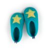 Toddlers slippers to wear at home by Wooppers. A pair pictured top view in turquoise merino wool with a yellow star in the front part for decoration