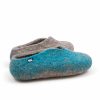 Slippers from the SEASONS collection by Wooppers. The shoes are felted in grey wool with a stylish cut at the opening and different colors on the side of each shoe - turquoise for the right and blue for the left side. The slippers are photographed from the right back side.