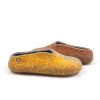 Stylish ladies slippers in earthy colors from the SEASONS collection by wooppers. This is a side view of a pair of wool slippers in grey. the right one has yellow on the right side of the shoe and the left has a warm brown on the left side of the shoe.