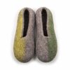 Womens wool felt slippers in spring colors from the SEASONS collection by Wooppers. This is the top view of a pair of slippers in grey. The right slipper has lime green on the right side of the shoe and the left has green on the left side of the shoe.